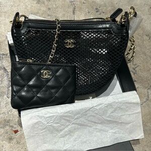 CHANEL Black Mesh and Quilted Leather Shoulder Bag with Gold Accents